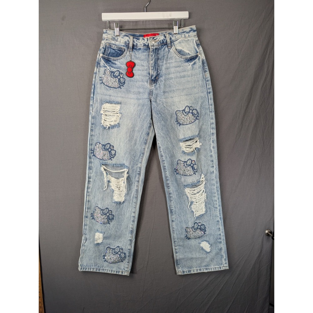 Hello Kitty x Forever 21 Distressed Rhinestone High Rise Jeans Size 28 Blue